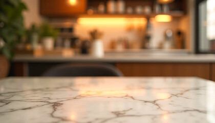 Wall Mural - Blurred abstract café house, restaurant, kitchen interior background with marble table top