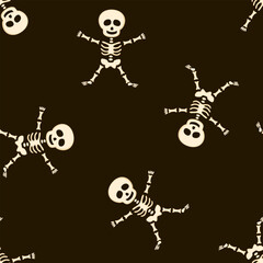 Wall Mural - Skeletons on dark background. Halloween seamless pattern.  Vector cartoon flat illustration