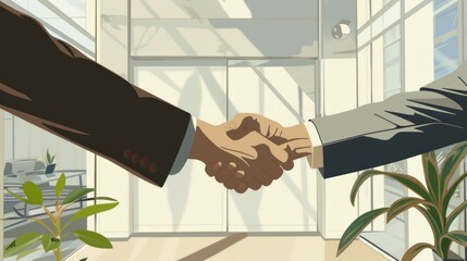 Vector art of a business handshake in a white office setting with copy space. Ideal for corporate themes, professional agreements, and business-related wallpaper designs