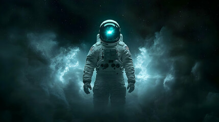 Wall Mural - An astronaut stands in a dark space filled with swirling clouds, a nebula glowing brightly within the visor of his helmet.