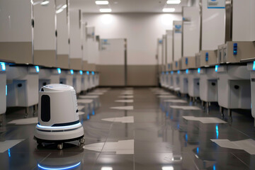 Autonomous cleaning robots sanitizing public restrooms and facilities.A robot is walking down a long hallway in a large building complex