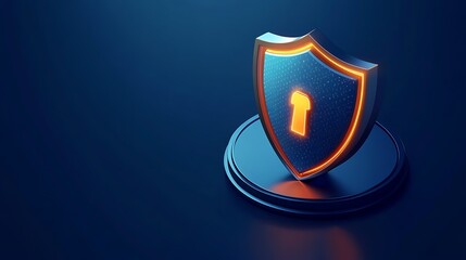 3D illustration of a glowing shield with a keyhole symbol on a dark background, depicting data security and protection.