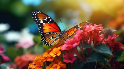 Canvas Print - A Monarch Butterfly Perched on Vibrant Flowers