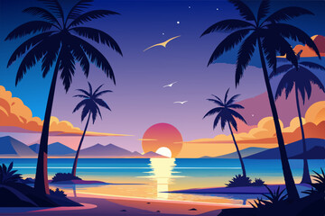 Canvas Print - Scenery beach at sunset with sun and palm silhouette