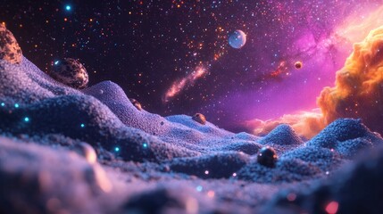 Night and Milky Way in a 3D cartoon rendering of space