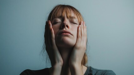 Wall Mural - Woman with closed eyes and hands on her face, showing fatigue or stress.

