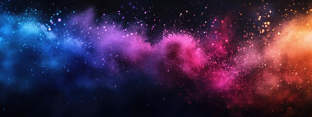 Leinwandbilder - Abstract powder splatted background in 3D cartoon rendering featuring freeze motion of color powder exploding and multicolored glitter texture on a dark backdrop