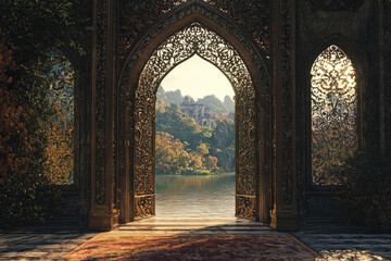 Glistening pearlescent gates open to reveal a serene lake, inviting viewers into a fantastical world filled with nature's beauty.