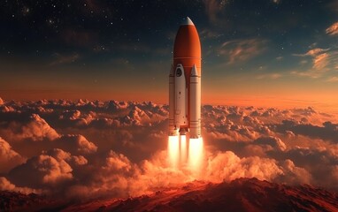 Poster - Spaceship in orbit around Mars depicted in a 3D cartoon rendering with a space shuttle and clouds in the sky showcasing the exploration of the Red Planet