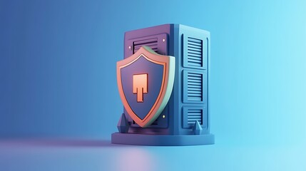 3D illustration of a server with a shield, symbolizing data security and protection in digital technology, under blue lighting.