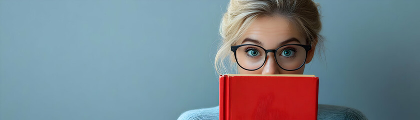 Wall Mural - Person with Book and Reading Glasses for Library Service concept as A person holding a book and wearing reading glasses set against a clean background offering ample space for text or graphics symboli