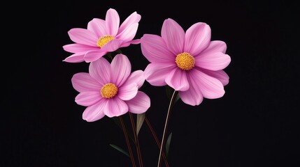 Poster - Light pink Cosmos flowers isolated on a black background in 3D cartoon rendering