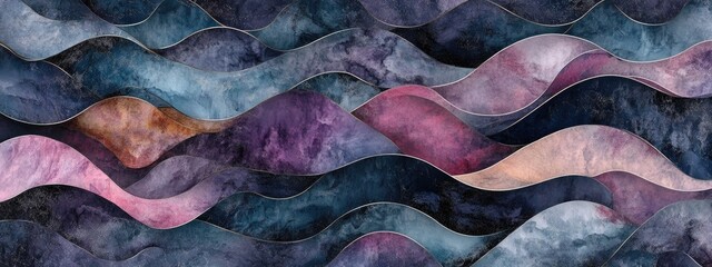 Poster - Sky Ornamental Design in a 3D cartoon rendering featuring a boho chic style with a dark washed out effect incorporating sea amethyst watercolor and seamless curved lines in an azure dirty art prin