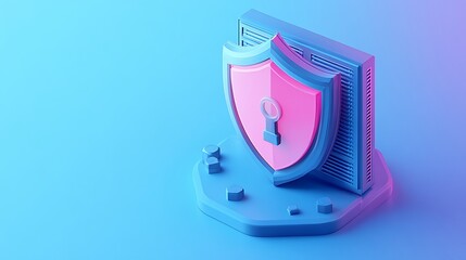 3D illustration of cyber security concept with shield and lock protecting a server on a blue and pink background.