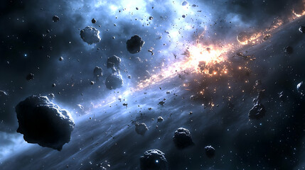 Wall Mural - asteroids and a bright light are visible in a deep space.