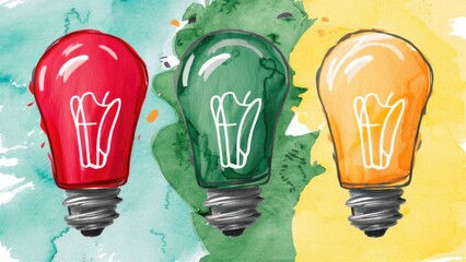 Colorful hand-drawn light bulbs in red, green, and yellow. Watercolor illustration for children's themes, suitable for postcards, puzzles, and diagrams