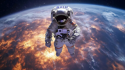 Wall Mural - Astronaut floating in space above Earth.