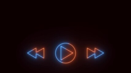 Neon line music sign animation on the black background. Music timeline or video track player icon. Neon Glowing Video Stop, Go Back and Forward Icon Animation In Black Background.
