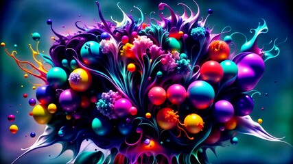 Wall Mural - abstract vibrant colorful background with flowing wave, liquid fantasy world, fluid ink, sphere balls bubbles, 3d iridescent splash paint design. looped animation. seamless footage.