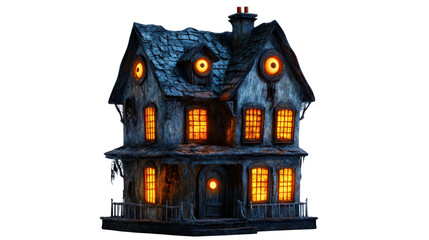 Eerie Haunted House with Glowing Eyes - Spooky Halloween Concept on White Background