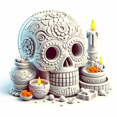 3D Sugar Skull and Altar Vector concept as A vector illustration of a sugar skull and an altar isolated on a white background. This design captures the traditional elements of Dia de Muertos with a mo