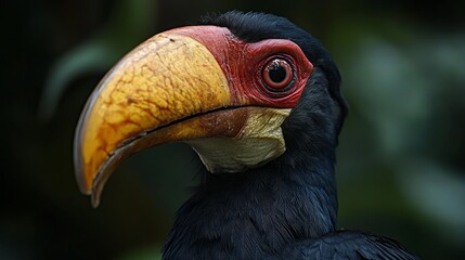 Close-up, portrait of colourful hornbill native to Indonesia, Knobbed Hornbill, Aceros cassidix. Bird of Sulawesi.