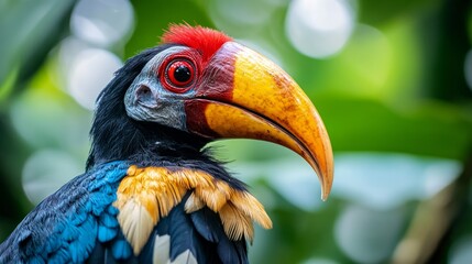 Close-up, portrait of colourful hornbill native to Indonesia, Knobbed Hornbill, Aceros cassidix. Bird of Sulawesi.