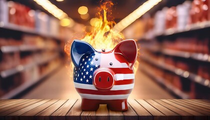 Wall Mural - Burning Piggy Bank Illustrating Economic Crisis