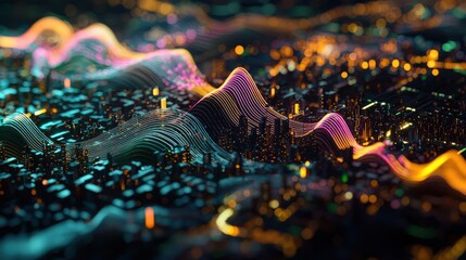 Aufkleber - A visually striking digital landscape featuring colorful waveforms and glowing data points, representing futuristic data flow and connectivity.

