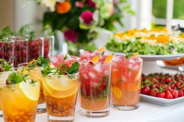 Wall Mural - Colorful summer cocktails with fruit, ice, and citrus garnishes.