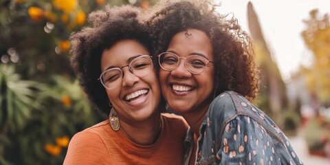 Poster - Two happy friends embrace and enjoy their time together outdoors, capturing a joyful moment.