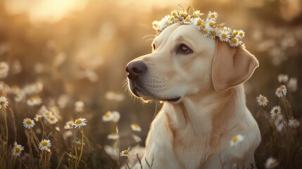 Labrador dog portrait in nature with a chamomile wreath