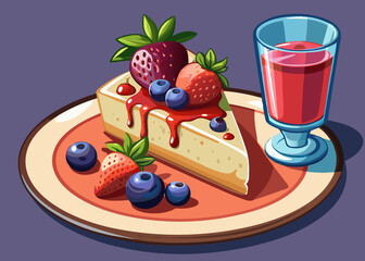 Wall Mural - cartoon vector illustration of cheesecake with strawberries, blueberries and raspberries on a plate. red juice, isolated background