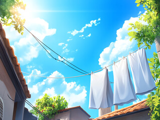 Bright sunny day with white laundry hanging on clothesline between buildings under a clear blue sky with fluffy clouds.