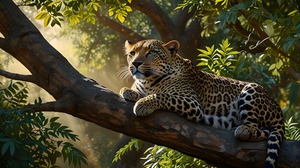 The leopard is perched atop a sturdy branch, its powerful limbs relaxed and its gaze fixed on something unseen.