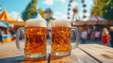 Zwei frische Bier vom Fass beim Jahrmarkt mit Riesenrad im Herbst 