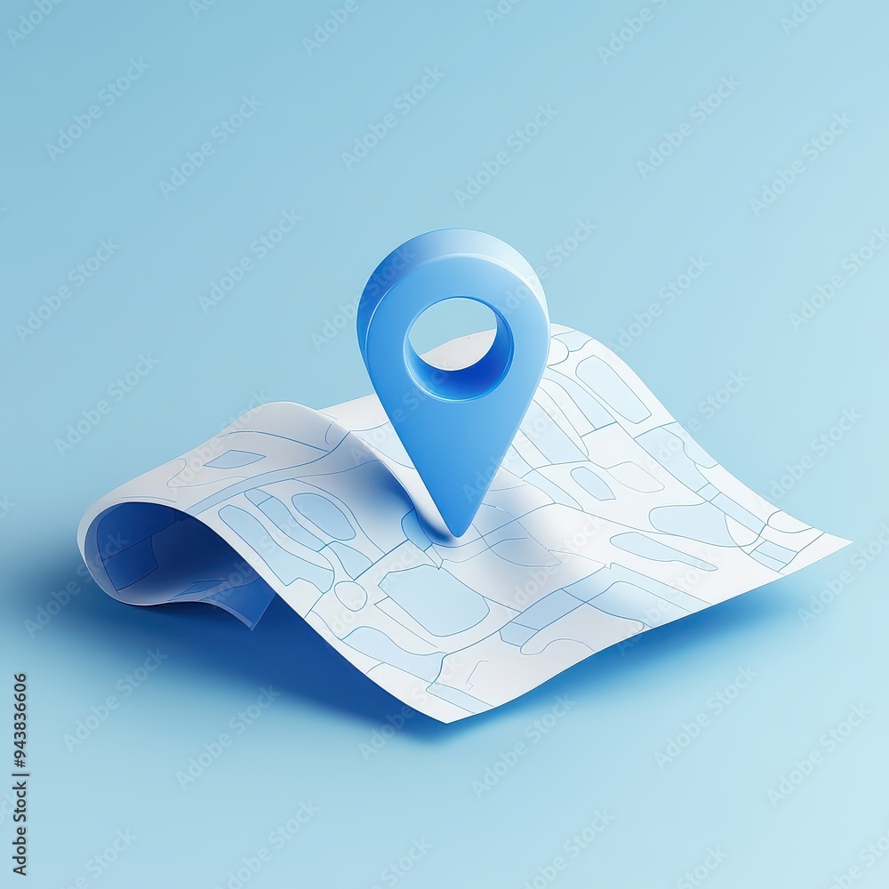 3D Location Folded Paper Map, Search Bar and Pin Isolated. Blue GPS ...