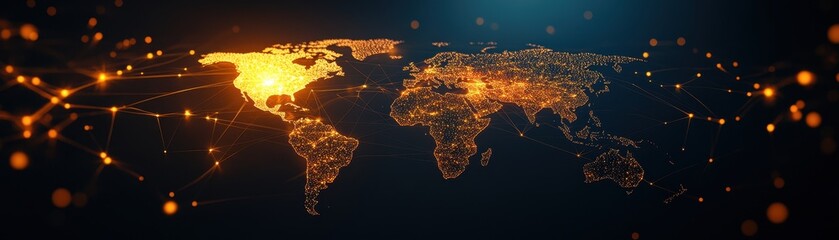 Poster - World map highlighting global connectivity with glowing lights representing internet connections and data exchange across continents.