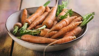 Wall Mural - Bowl of carrots. Fresh and tasty harvest. Farm product. Delicious and ripe vegetable.