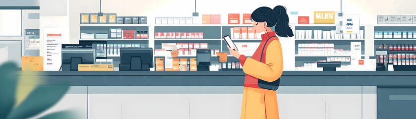 Wall Mural - Person Using Mobile Wallet in Store concept as A person using a mobile wallet for payment at a store with a plain background offering space for text or design elements. in  Simple flat vector illustra