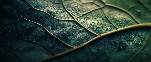 Close-up of a dark green leaf with intricate veins and texture.