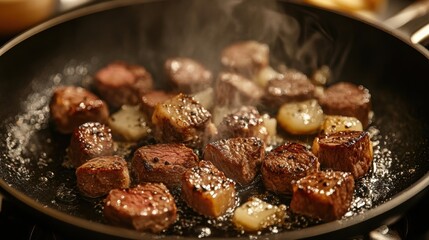 cooking with beef tallow, beef tallow melting in a hot pan, with a delicious aroma, a versatile ingredient perfect for frying and baking