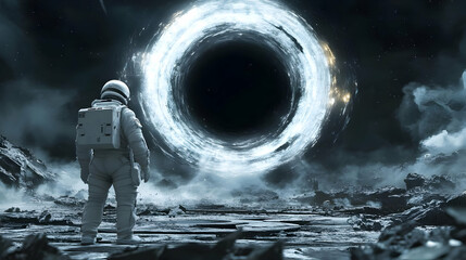 Wall Mural - astronaut gazing in awe at a glowing black hole in a desolate alien landscape.