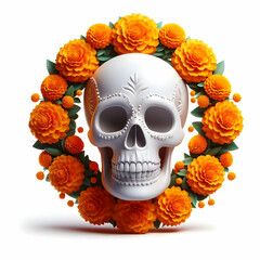 3D Skull and Marigold Wreath Vector concept as A vector illustration of a skull and a marigold wreath isolated on a white background. The design captures the festive and spiritual aspects of Dia de Mu