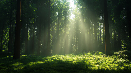 Sunlight streaming through the trees in a lush, serene forest glows with natural beauty and tranquility, perfect for nature and landscape themes.