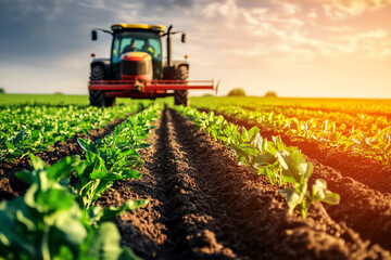 Tractor working on a lush green farmland at sunset, symbolizing agriculture and farming industry in a rural setting.