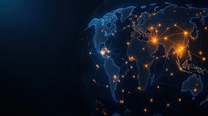 Fototapete - Global connection network visualization with glowing points representing connections across continents.