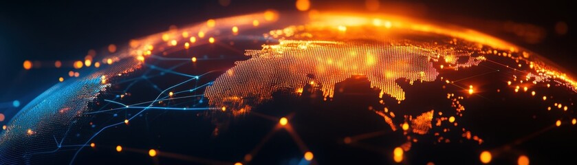 Leinwandbilder - Futuristic view of Earth with vibrant digital connections and glowing network lines, symbolizing global communications and technology.