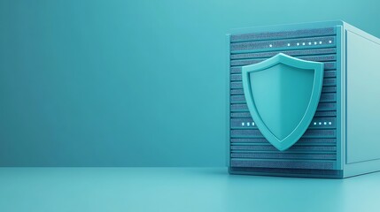 Digital security concept with a shield on a blue server, representing data protection, online security, and information safety.