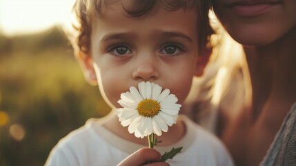 Wall Mural - A young child holds a daisy near their mouth while being embraced by an adult in a sunlit field during golden hour